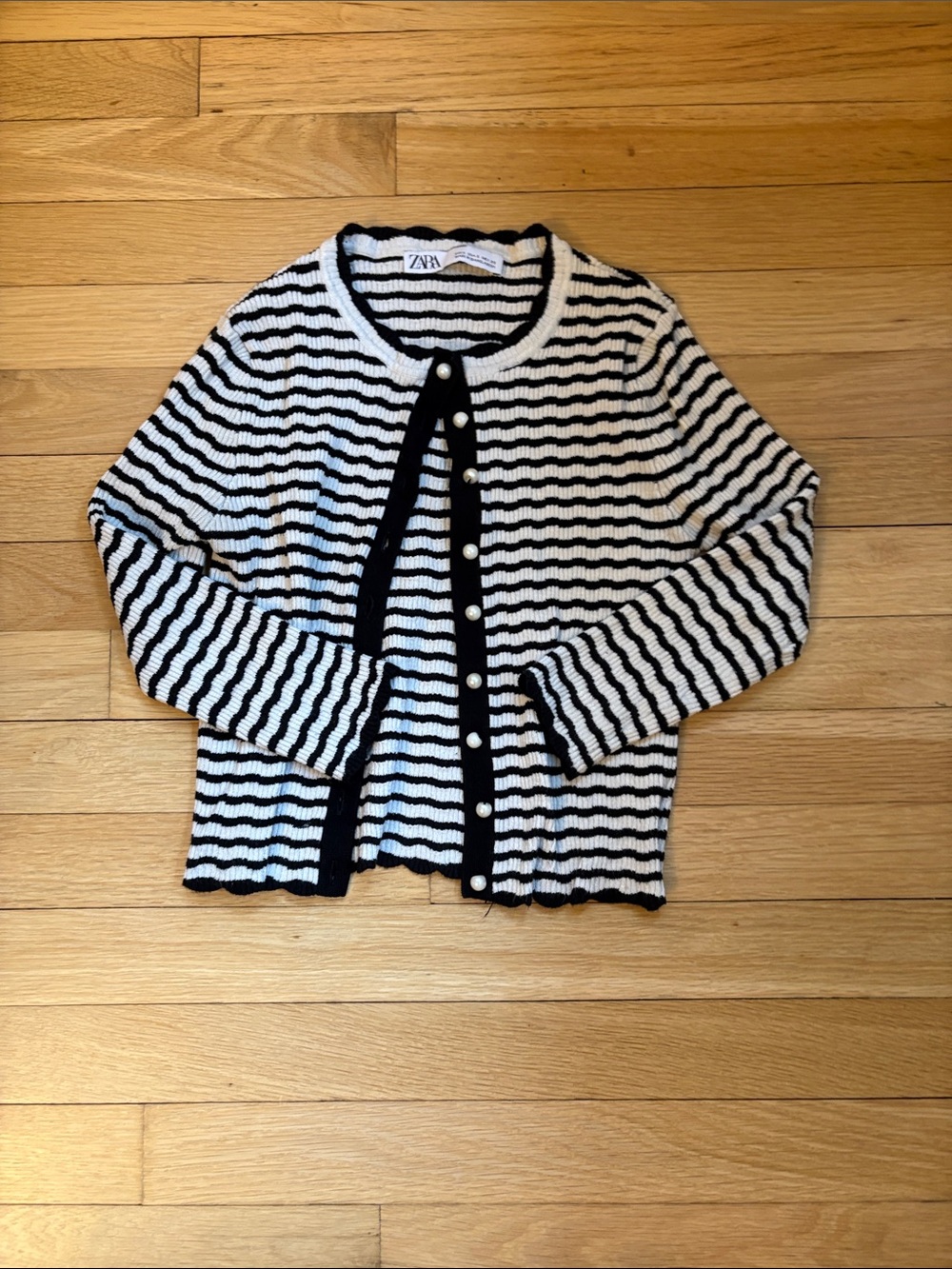 Zara Black and White Striped Knit Cardigan with Pearl Buttons, Size S